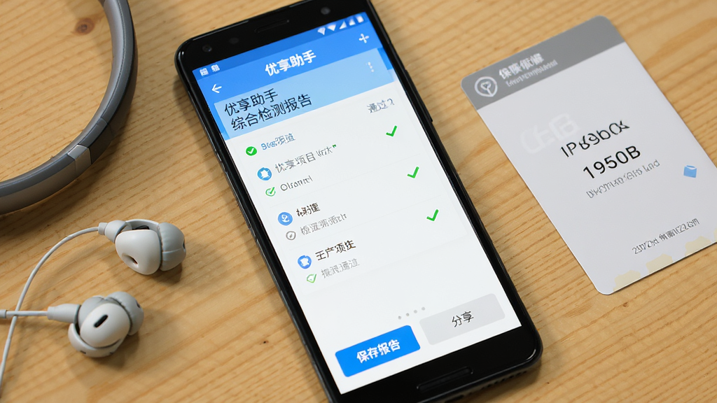 一部安卓手机显示“优享助手”综合检测报告页面,报告中有各项检测项目的通过状态,页面底部有保存报告和分享按钮,手机旁边放着一副耳机和一张保修卡,背景为木质桌面,画质清晰,风格干净整洁