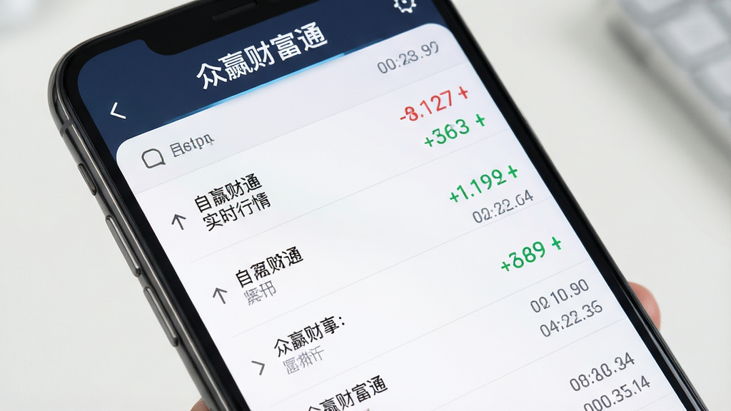 众赢财富通实时行情界面,画面主体为手机屏幕显示自选股列表,每只股票旁边有红色和绿色的涨跌幅数字,屏幕上方显示“众赢财富通”字样,布局为纵向列表,风格为清爽商务风,细节包含小箭头图标与时间戳,画质高清,干净,无多余元素