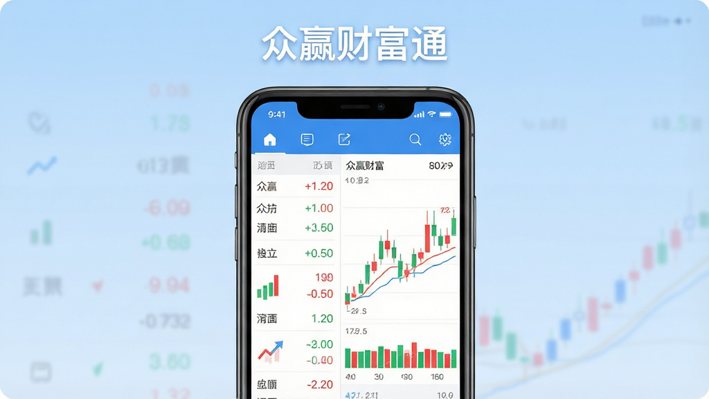 众赢财富通软件主界面截图,画面中央展示手机屏幕,屏幕上显示股票行情列表与K线图,顶部有“众赢财富通”文字标识,背景为浅蓝色渐变,布局干净整洁,风格为现代扁平化,细节包含红绿涨跌数字与简洁图标,画质高清,干净,无多余元素