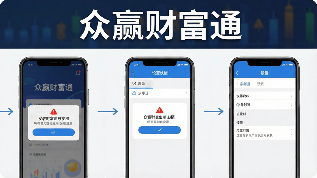 众赢财富通新手操作指引图,画面展示手机屏幕上的安装权限弹窗与设置菜单,屏幕上方有“众赢财富通”文字,布局为分步截图拼接,风格为简洁教程风,细节包含红色警告图标与蓝色对勾,画质高清,干净,无多余元素