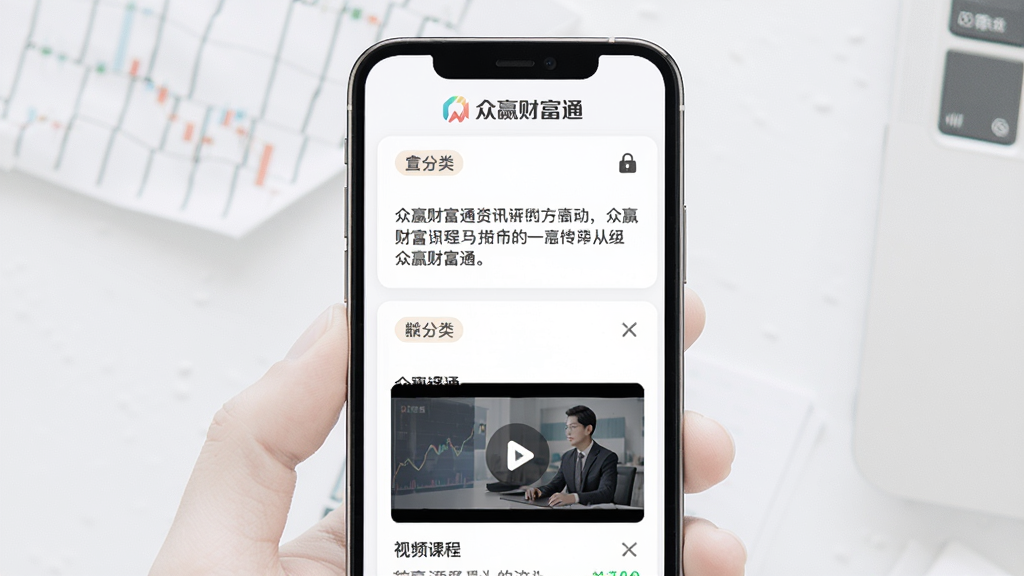 众赢财富通资讯学习页面,画面中央为手机屏幕显示财经文章列表与视频课程封面,屏幕上方有“众赢财富通”标识,布局为卡片式排列,风格为柔和浅色,细节包含小锁图标与分类标签,画质高清,干净,无多余元素