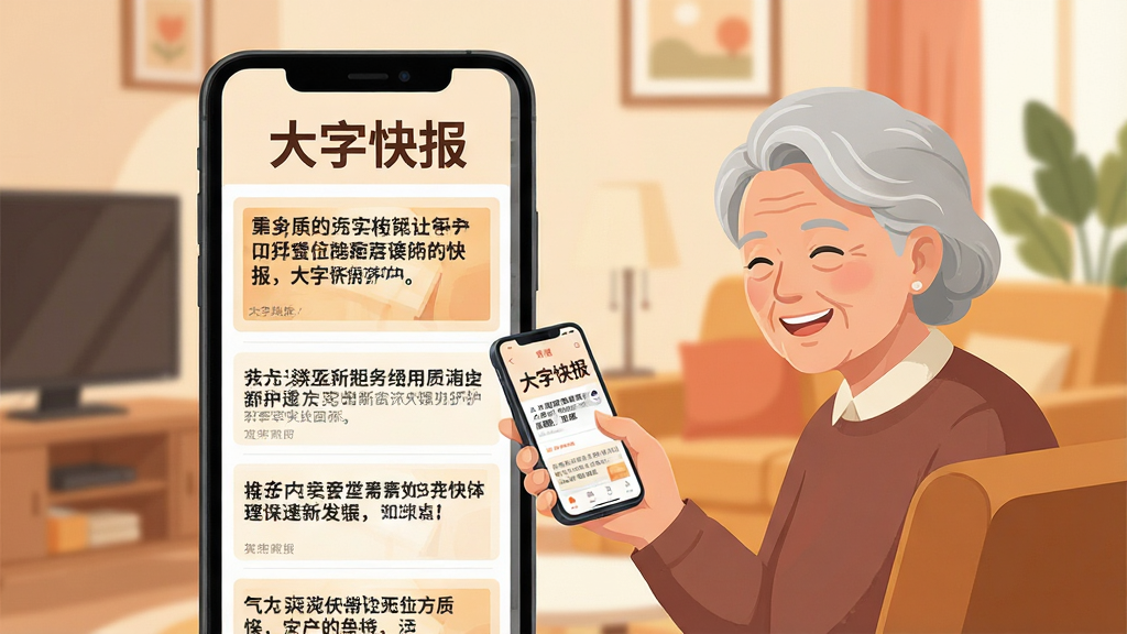 一幅展示大字快报手机应用界面的插画,画面中央是一部智能手机,屏幕上显示着大字快报的新闻列表界面,字体硕大清晰,标题醒目,背景是温馨的家居环境,一位笑容满面的老年用户正手持手机阅读,布局采用居中构图,风格为写实扁平化,细节包括清晰的新闻标题和柔和的护眼背景色,画质高清,干净无多余元素,画面中需包含文字“大字快报”。