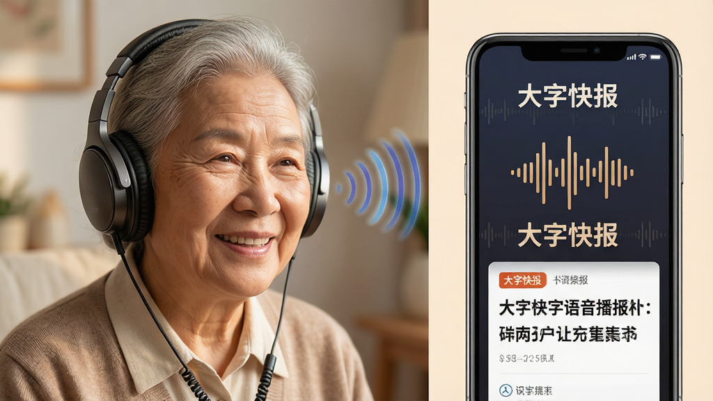 一幅展示大字快报语音播报功能的AI生图,主体是一位老年用户戴着耳机,面带微笑,旁边是一部手机,手机屏幕上显示着声波图标和正在播报的新闻标题,布局采用左右分割构图,左侧为用户,右侧为手机界面,风格为温馨生活化,细节包括声波的动态感和耳机线的质感,画质高清,干净无多余元素,画面中需包含文字“大字快报”。