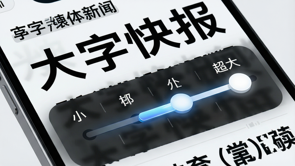 一幅展示大字快报字体调节功能的AI生图,主体是一部放大的手机屏幕,屏幕上显示着字体大小调节滑块,从“小”到“超大”四个档位,屏幕背景是清晰的大字新闻标题,布局采用特写镜头,风格为科技简约风,细节包括滑块的光泽感和字体边缘的锐利度,画质高清,干净无多余元素,画面中需包含文字“大字快报”。
