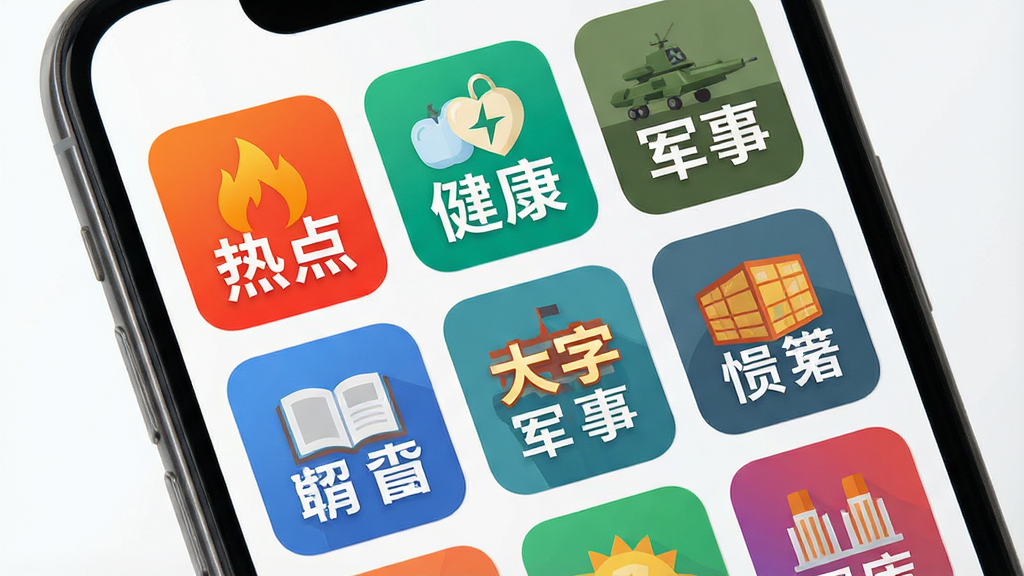 一幅展示大字快报频道分类界面的AI生图,主体是手机屏幕上的网格状频道图标,图标设计为大图标配大文字,如“热点”、“健康”、“军事”等,布局采用整齐的网格排版,风格为色彩鲜明的扁平化设计,细节包括图标边缘的圆角处理和文字的高对比度,画质高清,干净无多余元素,画面中需包含文字“大字快报”。