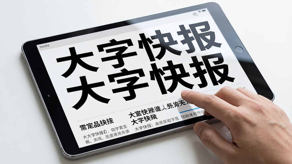 一幅展示大字快报在平板电脑上运行效果的AI生图,主体是一台横屏放置的安卓平板,屏幕上显示着大字快报的多栏新闻布局,字体依然硕大,旁边有一只手正在滑动屏幕,布局采用俯视角度,风格为现代科技感,细节包括平板边框的金属质感和屏幕反光,画质高清,干净无多余元素,画面中需包含文字“大字快报”。