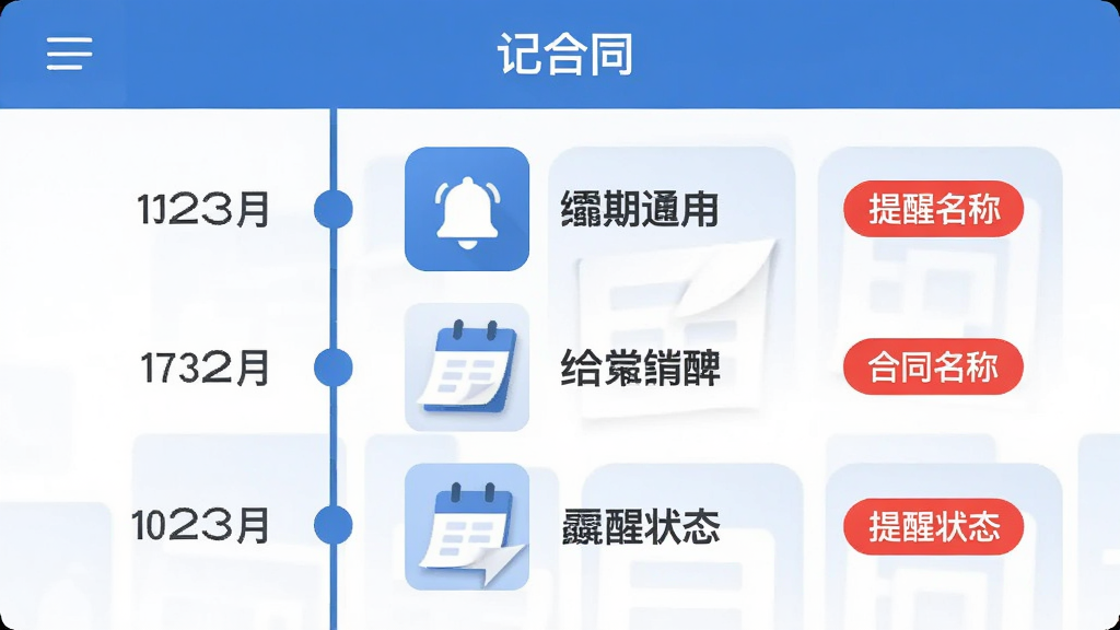 画面主体为“记合同”应用中的到期提醒界面,布局为纵向时间轴,排版左侧显示日期节点右侧显示合同名称与提醒状态,风格为扁平化商务蓝调,细节包含铃铛图标、日历翻页效果、红色高亮标签,画质清晰,干净,无多余元素