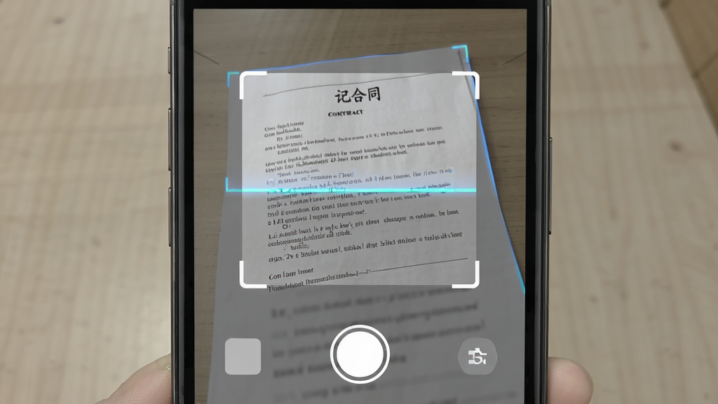 展示“记合同”应用的拍照归档功能界面,主体为手机摄像头对准纸质合同进行扫描,布局为取景框居中下方为拍摄按钮,排版简洁,风格为拟物化与扁平化结合,细节包含扫描线、自动裁剪边框、文档边缘高亮,画质高清,干净,无多余元素