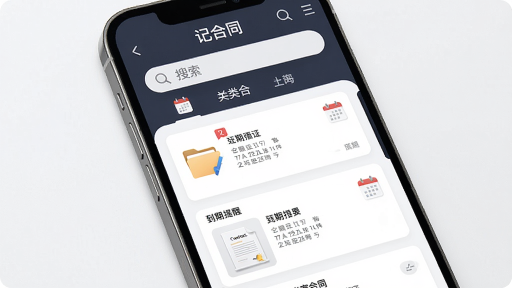 一款名为“记合同”的手机应用界面展示,主体为手机屏幕中显示合同列表与到期提醒卡片,布局采用上下结构,上方为搜索栏与分类标签,下方为合同卡片流,排版整洁清晰,风格为现代简约商务风,细节包含文件夹图标、日历标记、合同文档缩略图,画质高清,干净,无多余元素