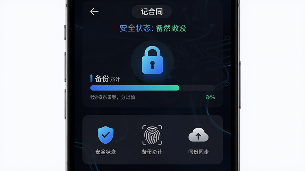 展示“记合同”应用的数据安全与备份界面,主体为手机屏幕中显示加密锁图标与备份进度条,布局为上下结构上方为安全状态提示下方为备份选项,风格为科技感深色主题,细节包含盾牌图标、指纹识别、云朵同步符号,画质高清,干净,无多余元素