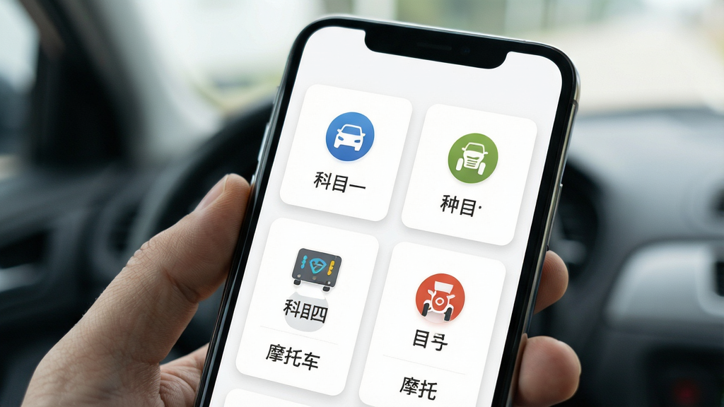 驾照宝典题库分类界面,手机屏幕展示科目一、科目四、摩托车等题库入口,图标整齐排列,背景为白色卡片式设计,风格清爽,细节清晰,画质干净,无多余元素