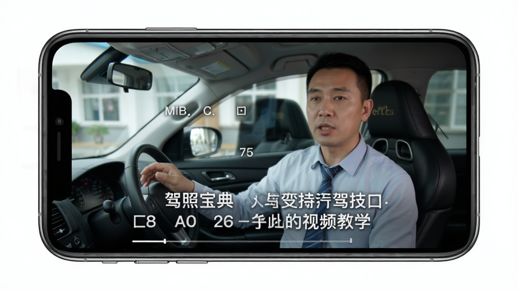 驾照宝典视频教学页面,手机屏幕播放驾考技巧视频,画面中有教练讲解和文字口诀叠加,背景为教学场景,风格专业清晰,细节丰富,画质干净,无多余元素