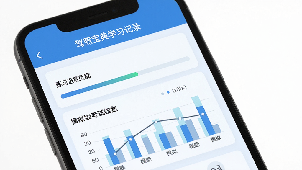 驾照宝典学习记录页面,手机屏幕展示练习进度、错题数量和模拟考试分数统计图表,界面简洁,数据清晰,背景为浅色,风格实用,细节丰富,画质干净,无多余元素