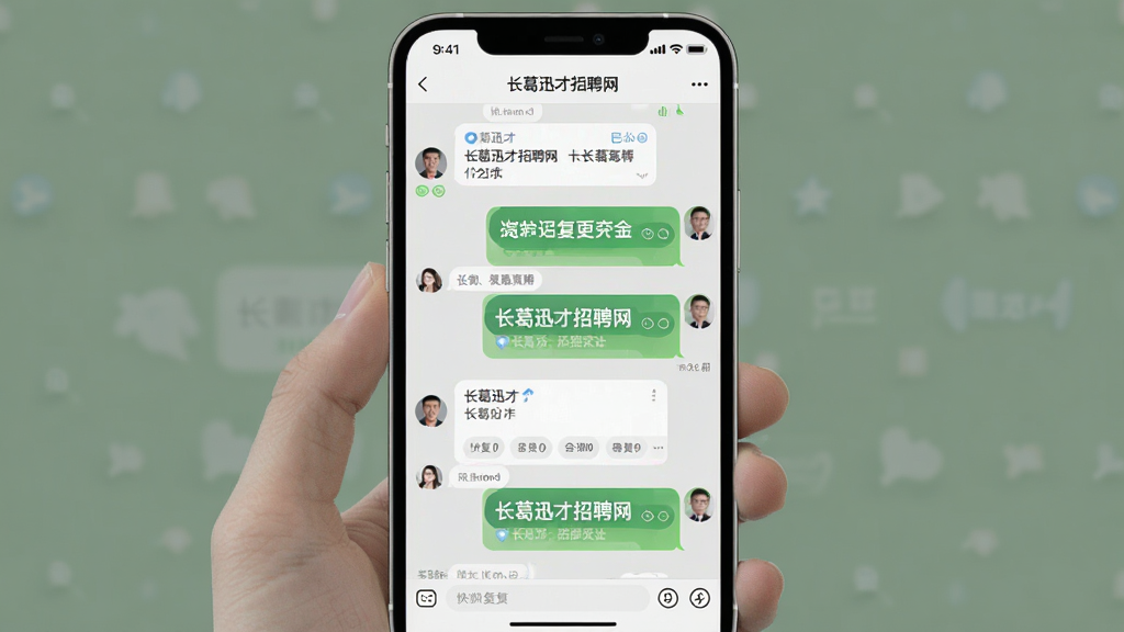 长葛迅才招聘网聊天界面展示,主体为手机屏幕中的对话气泡与岗位卡片分享,布局为左右对话气泡排列,排版简洁明了,风格为现代社交软件常用浅灰底色,细节包含已读标记与快捷回复按钮,画质高清干净无多余元素,画面中文字显示“长葛迅才招聘网”