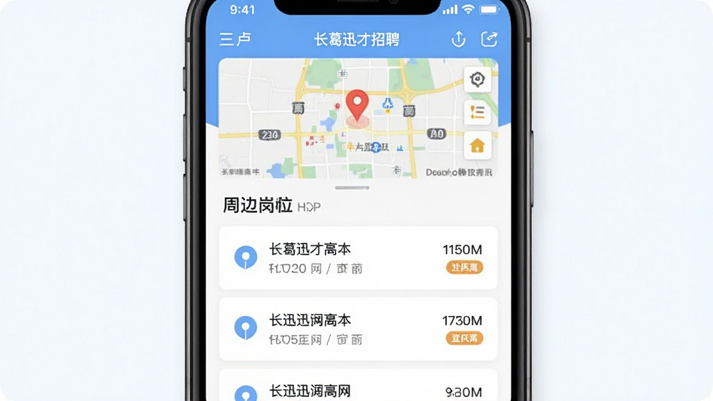 长葛迅才招聘网APP首页界面截图风格,主体为手机屏幕中展示地图定位图标与周边岗位列表,布局为顶部地图缩略图下方列表排列,排版整齐有序,风格为清新浅色系商务风,细节包含定位光标与距离标签,画质清晰干净无多余元素