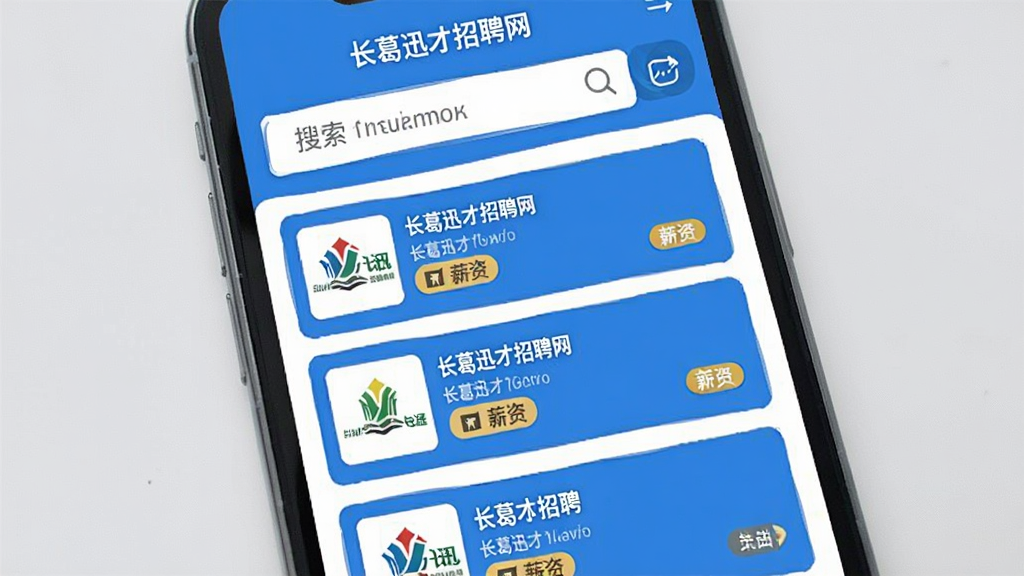 手机屏幕竖版展示长葛迅才招聘网应用界面,主体为蓝色调招聘信息列表与搜索框,布局采用上下结构上方放置搜索栏下方为岗位卡片瀑布流,排版简洁清晰,风格为现代扁平化商务风,细节包含企业Logo缩略图与薪资标签,画质高清干净无多余元素,画面中文字显示“长葛迅才招聘网”