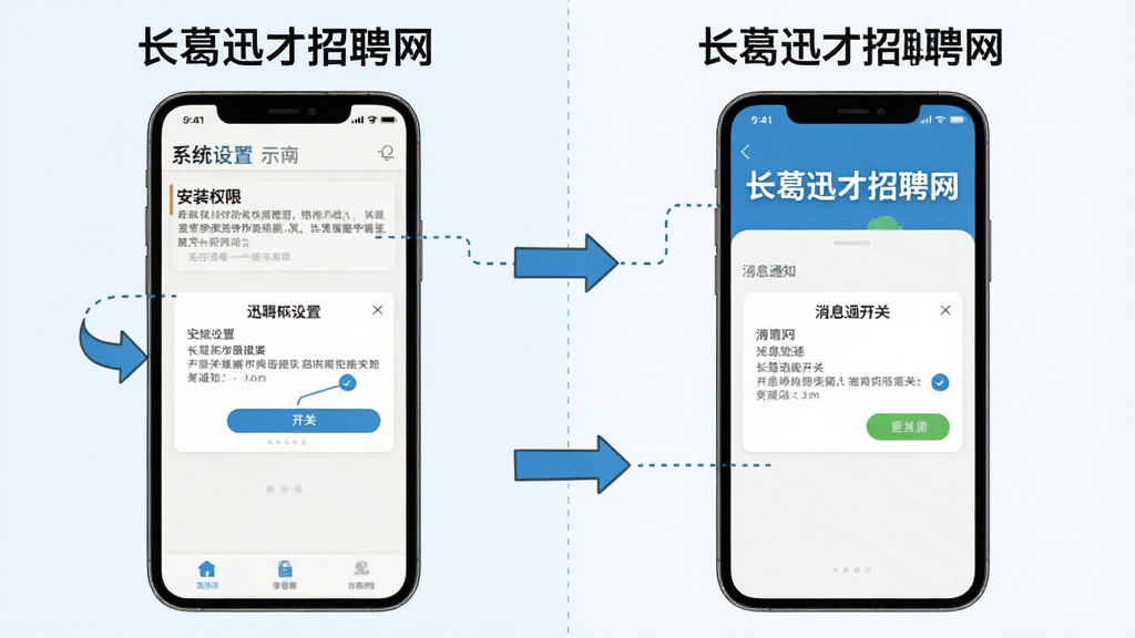 长葛迅才招聘网使用教程示意图,主体为手机屏幕展示安装权限设置与消息通知开关,布局为左右分屏左侧系统设置右侧应用界面,排版对比清晰,风格为扁平化教学图解,细节包含箭头引导与文字标注,画质高清干净无多余元素,画面中文字显示“长葛迅才招聘网”