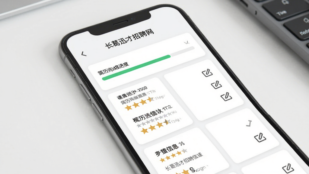 长葛迅才招聘网个人简历管理页面,主体为手机屏幕中展示简历完成度进度条与模块化信息卡片,布局为纵向卡片堆叠,排版规整,风格为简约白色商务风,细节包含星级评分与编辑图标,画质清晰干净无多余元素