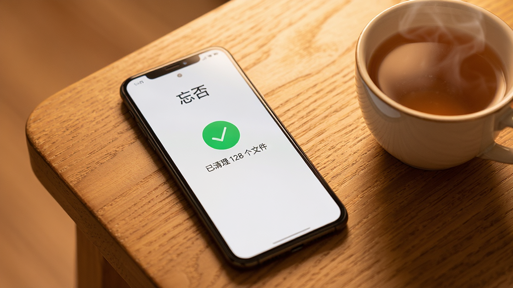 一部手机放在木质桌面上,屏幕显示“忘否”APP的清理完成界面,界面中央有一个绿色的对勾图标,下方文字显示“已清理 128 个文件”,背景为柔和暖光,画面风格温馨安静,细节上手机旁边放着一杯热茶,画质清晰,干净,无多余元素
