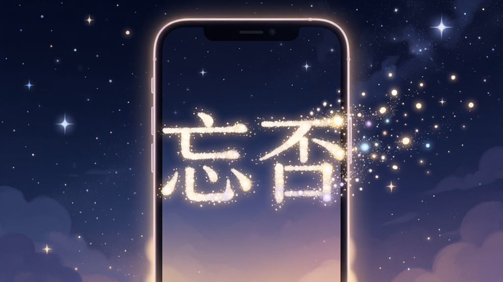 一张充满梦幻感的插画风格图片,画面中央是一个手机屏幕,屏幕中飘出无数发光的星尘粒子,粒子汇聚成“忘否”两个字后缓缓消散,背景是深邃的夜空与点点星光,整体风格唯美治愈,细节上手机屏幕边缘有柔光溢出,画质高清,干净,无多余元素