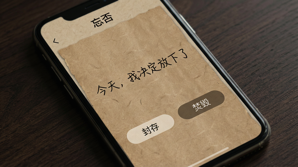 一张手机屏幕特写图,屏幕显示“忘否”APP的情绪书写界面,背景是仿牛皮纸纹理,中间有手写体文字“今天,我决定放下了”,下方有两个按钮,一个是“封存”,一个是“焚毁”,画面风格文艺安静,细节上手机边缘有轻微的阴影,背景为深色木纹桌面,画质高清,干净,无多余元素