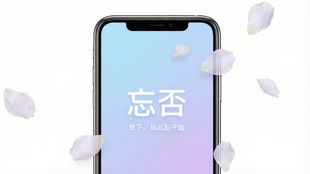 一张干净简约的手机APP界面展示图,主体是一部智能手机,屏幕中央显示“忘否”APP的启动页面,界面背景为柔和的浅蓝到淡紫渐变色,页面中央有“忘否”两个大字,下方有一行小字“放下,从此刻开始”,手机周围散落着几片飘落的半透明花瓣,整体布局居中,风格清新治愈,细节上手机边框有轻微光泽感,背景为纯白色,画质高清,干净,无多余元素