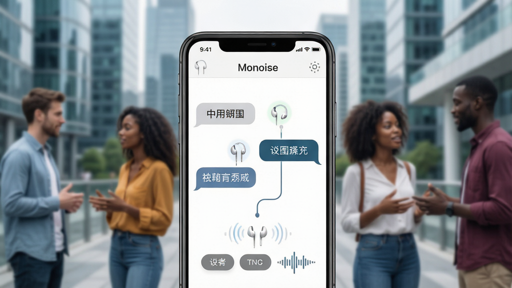 一幅展示Monoise翻译耳机应用界面的概念图,主体为一部智能手机居中放置,屏幕上显示着Monoise App的对话翻译界面,左侧是中文对话气泡,右侧是英文翻译气泡,背景是模糊的现代都市与不同肤色人群交谈的场景,布局采用中心对称构图,排版清晰展示手机与耳机的连接状态,风格为现代科技感UI设计,细节包括耳机图标、语言切换按钮、声波波纹特效,画质高清,画面干净,无多余元素,图片中文字为“Monoise”。