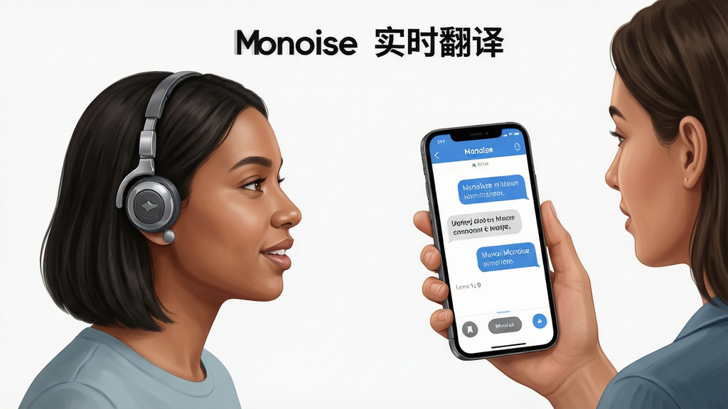Monoise应用功能展示图,主体为两个人物面对面交谈,一人佩戴Monoise翻译耳机,另一人手持手机,手机屏幕显示Monoise App的实时翻译界面,布局为左右分屏展示对话内容,排版采用对话气泡形式,风格为写实插画风,细节包括耳机细节、手机UI界面、翻译文字流动效果,画质超清,画面干净,背景简洁,无多余元素,图片中文字为“Monoise 实时翻译”。