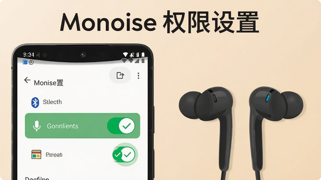 Monoise新手操作示意图,主体为一部安卓手机和一副Monoise翻译耳机,手机屏幕显示App权限设置页面,布局为手机与耳机并排展示,排版突出权限开关按钮,风格为扁平化教学插图,细节包括蓝牙图标、麦克风图标、存储图标以及打勾的绿色标记,画质清晰,画面干净,无多余元素,图片中文字为“Monoise 权限设置”。