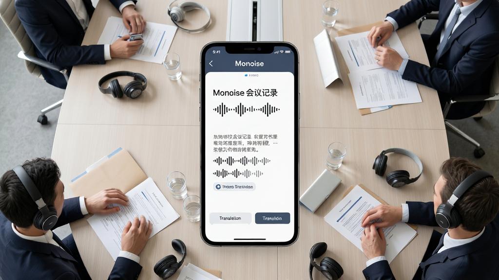 Monoise会议模式场景图,主体为一张商务会议桌,多位参会者佩戴Monoise耳机,桌上放置一部手机显示Monoise App的录音转写界面,布局采用俯视角度展示会议全景,排版突出手机屏幕上的文字转写内容,风格为商务简约风,细节包括会议文件、耳机、手机界面上的声波图标和翻译文字,画质高清,画面干净,无多余元素,图片中文字为“Monoise 会议记录”。