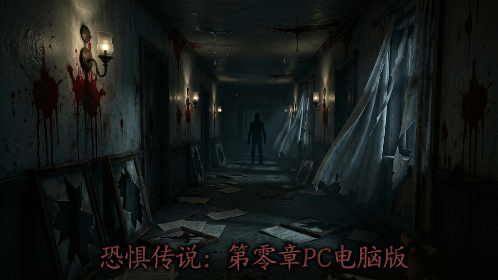 恐怖冒险游戏场景,主体为第一人称视角下的昏暗走廊,布局采用纵深透视构图,两侧墙壁有斑驳血迹与老旧的壁灯,地面散落着破碎的相框与纸张,排版以中央走廊为视觉引导线,风格为暗黑写实恐怖风格,细节包括远处若隐若现的黑色人影轮廓、天花板滴落的水珠、飘动的破旧窗帘,画质为高清电影级质感,画面干净无多余UI元素,恐怖氛围浓厚,游戏名称“恐惧传说:第零章PC电脑版”以暗红色手写字体出现在画面底部中央