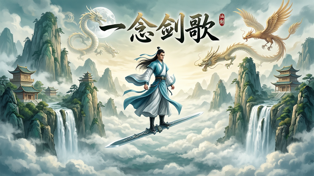 一幅宏大的东方仙侠世界全景图,画面中央是一位身穿青白色长袍的修仙者,脚踏飞剑悬浮于云海之上,背景有连绵的仙山楼阁与瀑布,远处有龙凤虚影盘旋,整体采用国风水墨与写实结合的画风,色彩以青绿、淡金、月白为主,细节丰富,画质高清,干净无多余元素,画面中带有“一念剑歌”四个字的书法字体标题