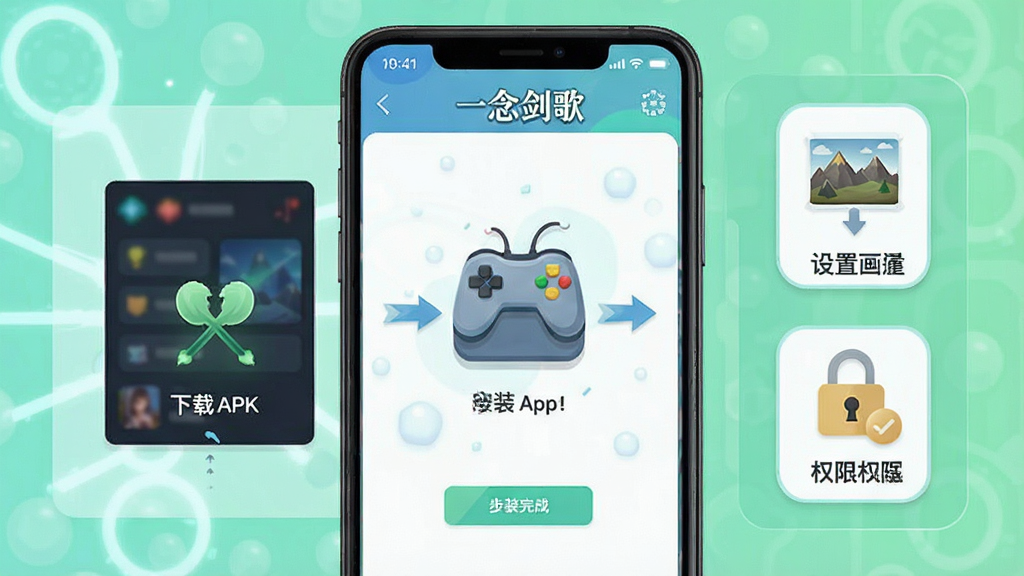 一幅手机游戏安装与设置引导示意图,画面以手机屏幕为主体,展示从下载APK到安装完成的步骤流程,旁边有设置画质与权限的图标,整体风格为扁平化科技风,色彩清新,布局清晰,细节丰富,画质高清,干净无多余元素,画面中带有“一念剑歌”文字