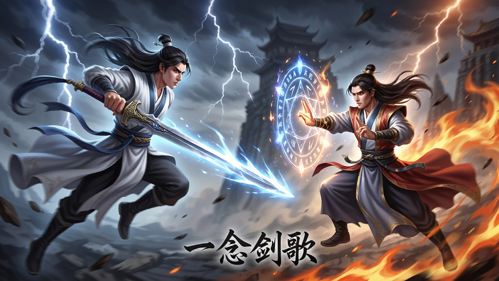 一幅仙侠战斗场景插画,画面中两位修仙者正在空中斗法,一人挥剑斩出剑气,另一人结印召唤法阵,背景有雷电与火焰特效,整体风格为动态战斗概念图,色彩对比强烈,细节丰富,画质高清,干净无多余元素,画面中带有“一念剑歌”文字