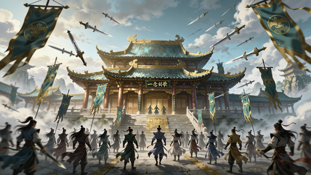 一幅仙侠宗门场景插画,画面中是一座建立在云海之上的宏伟宗门大殿,殿前有众多修仙者聚集,空中飘着宗门旗帜,远处有飞剑穿梭,整体风格为国风玄幻,色彩以金色和青色为主,细节丰富,画质高清,干净无多余元素,画面中带有“一念剑歌”字样