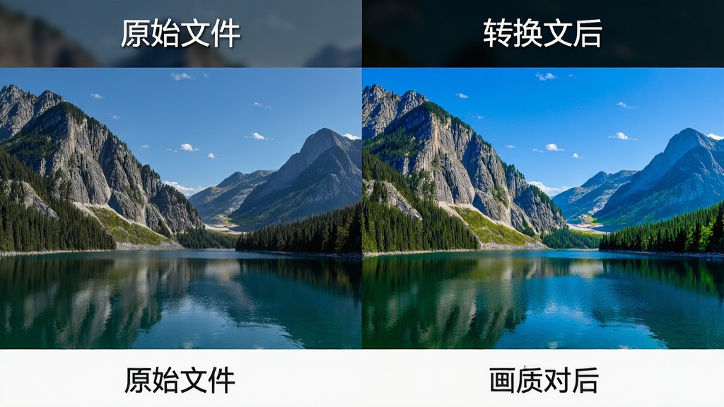 一张展示万能格式转换器画质对比效果的图片,画面分为左右两部分,左侧标注原始文件,右侧标注转换后文件,两边显示相同的风景画面,画面中有山有水有蓝天,风格为写实摄影风格,细节包括画面清晰度和色彩饱和度的对比展示,画质高清,干净,无多余元素