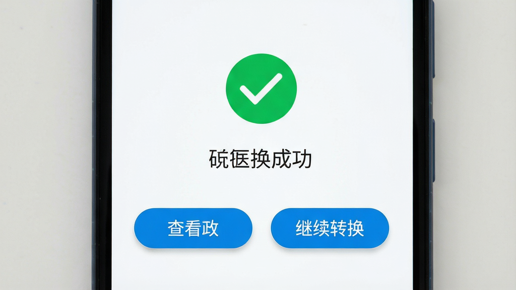 一张展示万能格式转换器在安卓手机上运行状态的图片,画面中一部手机屏幕显示万能格式转换器的转换完成提示页面,页面中央有一个绿色对勾图标和转换成功字样,下方有查看文件和继续转换两个按钮,整体布局居中对称,风格为清新简约UI设计,细节包括按钮的圆角和阴影效果,画质高清,干净,无多余元素