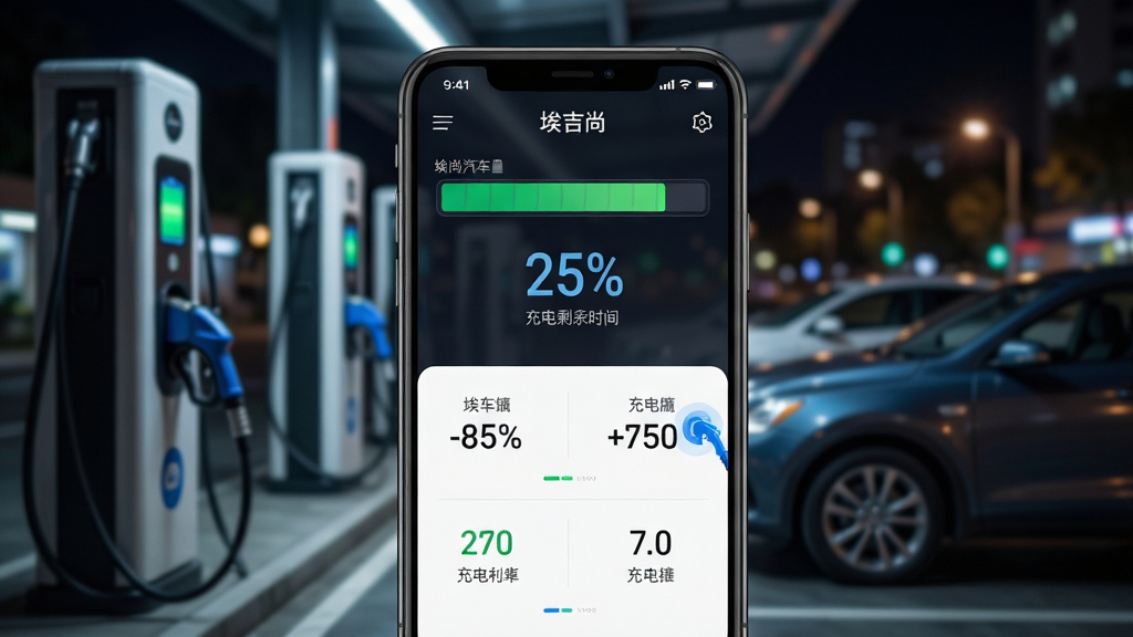 画面主体是埃尚汽车App充电管理界面特写,显示电池电量百分比、充电剩余时间、充电功率等数据,背景是夜晚城市充电站场景,画面布局为手机屏幕占据画面中心三分之二区域,充电桩和车辆在背景虚化,排版突出数据可视化图表,风格为科技感UI界面展示,细节包括绿色电量进度条、蓝色充电枪图标、夜间灯光氛围,画质高清,画面干净,无多余元素。