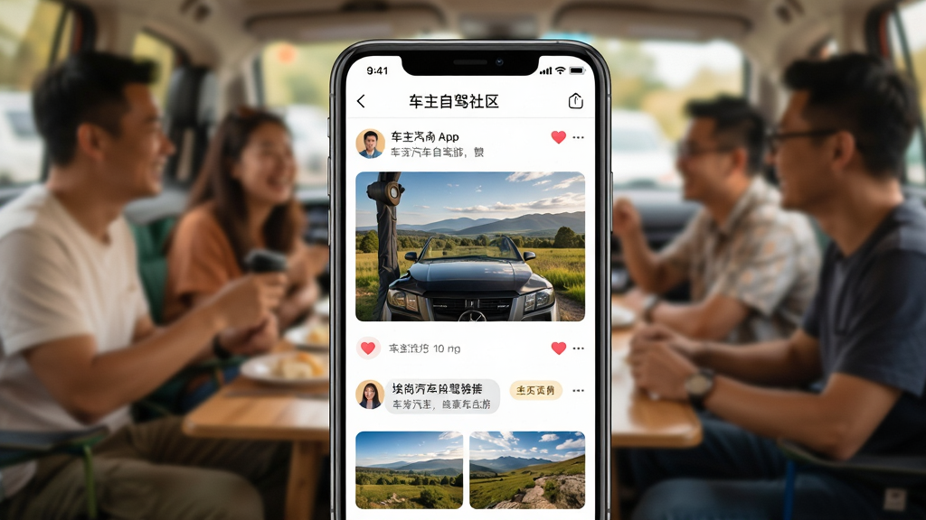 画面主体是埃尚汽车App社区界面展示,手机屏幕显示车主发布的自驾游照片和互动评论,布局为手机竖屏居中展示,背景是温馨的车友聚会场景虚化,排版突出社交互动元素,风格为温暖生活化摄影,细节包括点赞爱心图标、评论气泡、用户头像、风景照片缩略图,画质高清,画面干净,无多余元素。