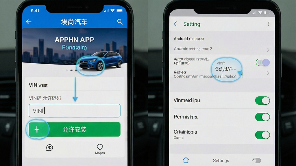 画面主体是埃尚汽车App操作界面与手机设置页面对比展示,左侧显示App车辆绑定界面,右侧显示安卓系统权限设置页面,布局为双屏并排对比,排版清晰标注各功能入口,风格为教程类截图展示,细节包括高亮的“允许安装”按钮、VIN码输入框、权限开关标识,画质清晰,画面干净,无多余元素。