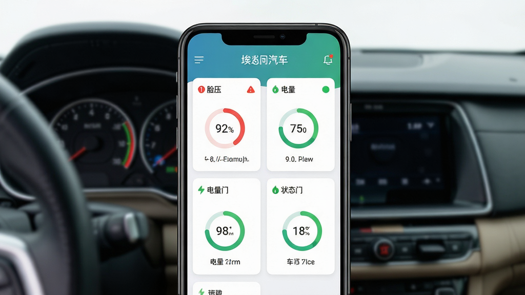 画面主体是埃尚汽车App车辆健康监测仪表盘界面,展示胎压、电量、车门状态等多项数据卡片,布局为手机屏幕特写居中,背景是模糊的汽车仪表盘和中控台,排版采用卡片式信息展示,风格为现代扁平化UI设计,细节包括红色异常提醒图标、绿色正常状态标识、数据环形图表,画质清晰锐利,画面干净,无多余元素。