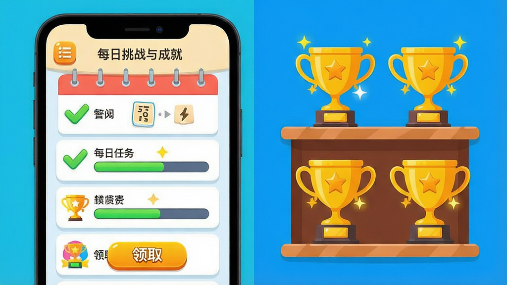 一张展示数独趣味闯关每日挑战与成就界面的插画,主体为手机屏幕显示日历签到面板与奖杯陈列架,布局为左右分栏,左侧为每日任务列表,右侧为金色成就奖杯,排版采用游戏UI界面风格,风格为明亮活泼的扁平化设计,细节包括日历打勾标记、奖杯闪光、进度条和领取按钮,画质高清,干净,无多余元素。