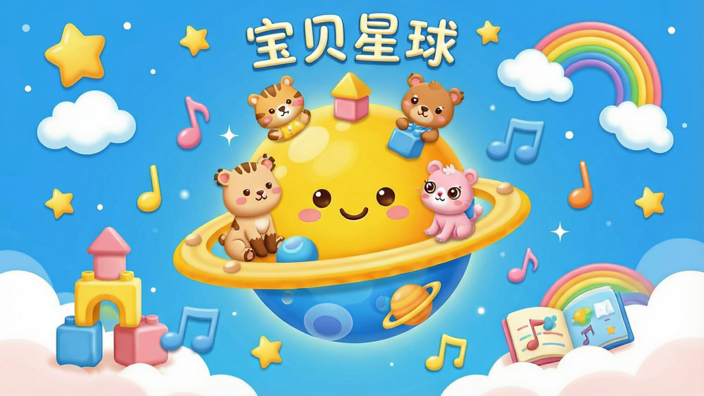 一张充满童趣的儿童启蒙应用场景图,画面中央是明亮的卡通星球,星球表面有可爱的动物角色、积木、绘本与音符元素围绕,整体采用圆润卡通风,色彩以蓝黄粉为主,布局居中对称,风格活泼温暖,细节包含星星、云朵与彩虹,画质清晰干净,无多余元素,画面中带有“宝贝星球”文字标识