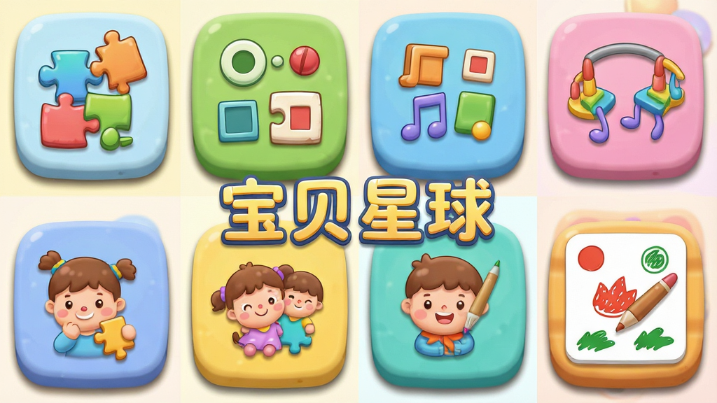 一张展示儿童益智游戏内容集合的图片,画面以网格形式排列多个卡通游戏图标,包含拼图、找不同、音乐律动与涂色模块,整体风格统一为柔和圆角卡通风,色彩丰富但不过于刺眼,布局整齐有序,细节有轻微阴影与高光,画质清晰干净,画面中包含“宝贝星球”字样