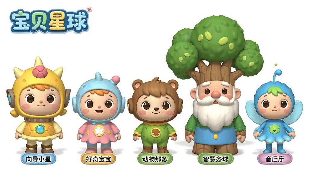 一张展示宝贝星球游戏角色集合的图片,画面中五个卡通角色并排站立,分别为向导小星、好奇宝宝、动物伙伴、智慧树爷爷与音符精灵,布局横向排列,风格统一圆润卡通风,色彩明亮柔和,细节有角色名称标签与“宝贝星球”标题,画质清晰干净,无多余元素