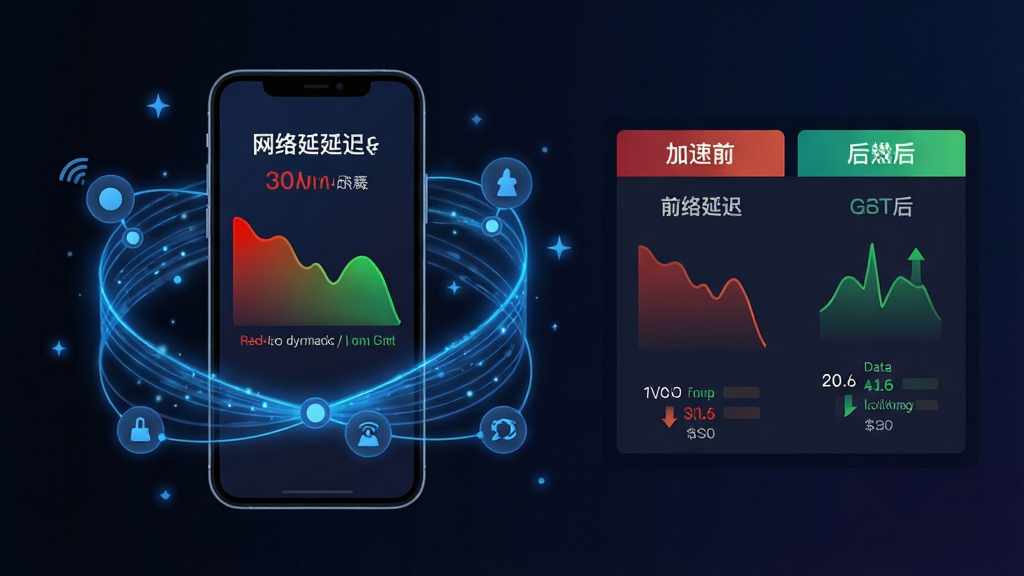 一张展示“渊环”智能网络加速功能的图片,画面主体是一部手机,屏幕显示网络延迟从红色高延迟变为绿色低延迟的动态过程,手机周围环绕着代表数据流的蓝色光线与节点图标。布局为手机居中偏左,右侧展示加速前后的对比数据面板。风格为扁平化科技插画,细节上突出数据变化与光效流动,背景为深色渐变,画质清晰,干净无多余元素。