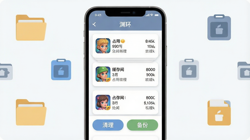 一张展示“渊环”游戏资源管理界面的图片,画面主体为手机屏幕,屏幕上以卡片列表形式展示多款游戏的图标、占用空间、缓存大小等信息,底部有清理与备份按钮。布局为手机正面居中,背景为浅色简约风格,周围点缀文件夹与存储图标。风格为清新扁平化设计,细节上突出卡片层次与图标清晰度,画质干净,无多余元素。