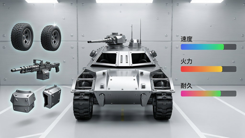 一个明亮的组装车间界面,画面中央是一辆正在搭建中的战车骨架,左侧悬浮着轮胎、机枪、装甲板等零件图标,右侧显示速度、火力、耐久三项属性条,背景为浅灰色金属质感墙面,风格简洁科技感,细节包括零件高光、属性条渐变色彩,画质清晰,画面干净无多余文字