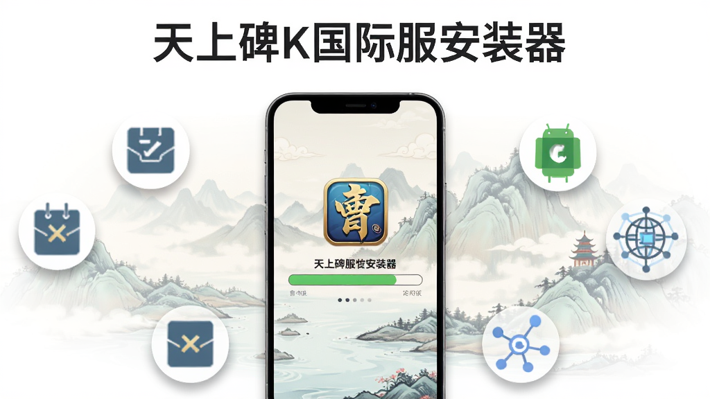 画面中央展示一部智能手机,手机屏幕上显示天上碑K国际服安装器的启动界面,界面中有明显的安装进度条与游戏标志,背景是淡雅的东方武侠风格山水画,周围环绕着代表数据包、谷歌服务、网络节点的简洁图标,整体布局采用上下结构,上方为软件名称文字,下方为手机与功能图标,风格为扁平化科技插画,细节包括柔和的阴影、清晰的图标边缘、干净的白色背景,画质为高清4K,干净整洁,无多余元素