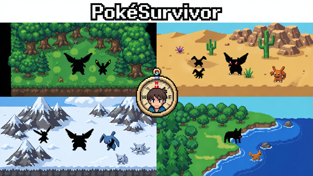 一张展示PokéSurvivor开放世界地图的截图风格插画,画面分为四个区域分别代表森林、沙漠、雪山和海岸,每个区域里有对应的宝可梦剪影,画面中央有一个指南针和角色头像,风格为像素艺术,细节清晰,画质高清,干净无多余元素,图片上方有文字“PokéSurvivor”